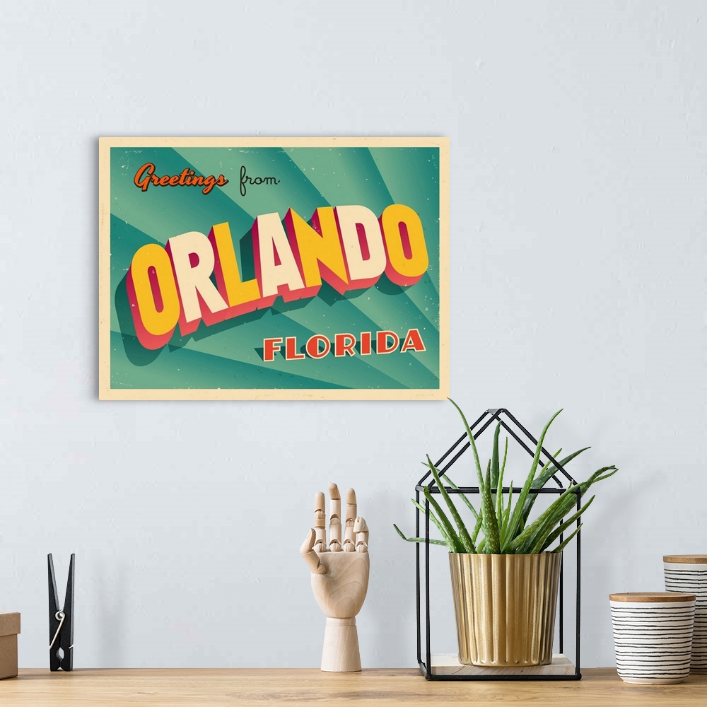 A bohemian room featuring Vintage touristic greeting card - Orlando, Florida.