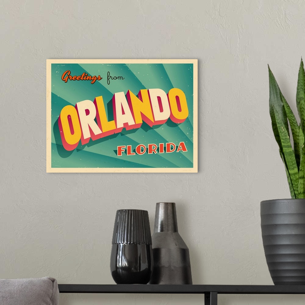 A modern room featuring Vintage touristic greeting card - Orlando, Florida.