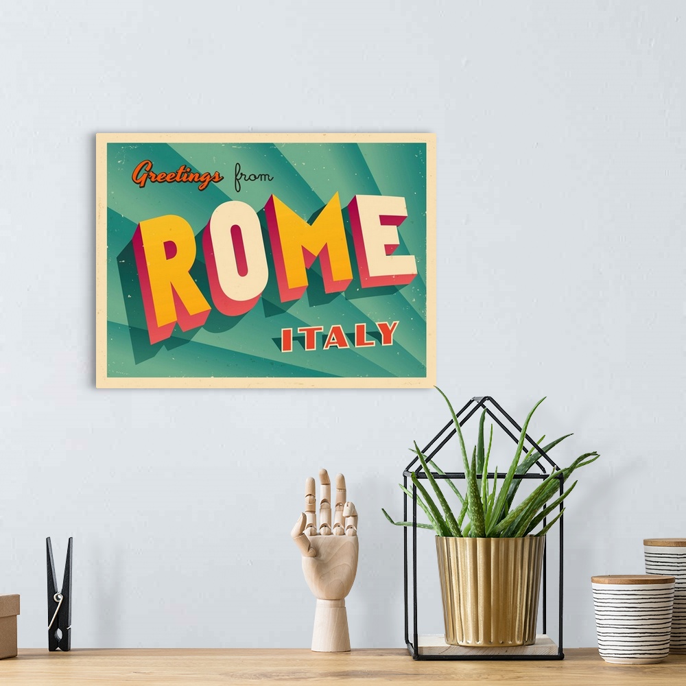A bohemian room featuring Vintage touristic greeting card - Rome, Italy.