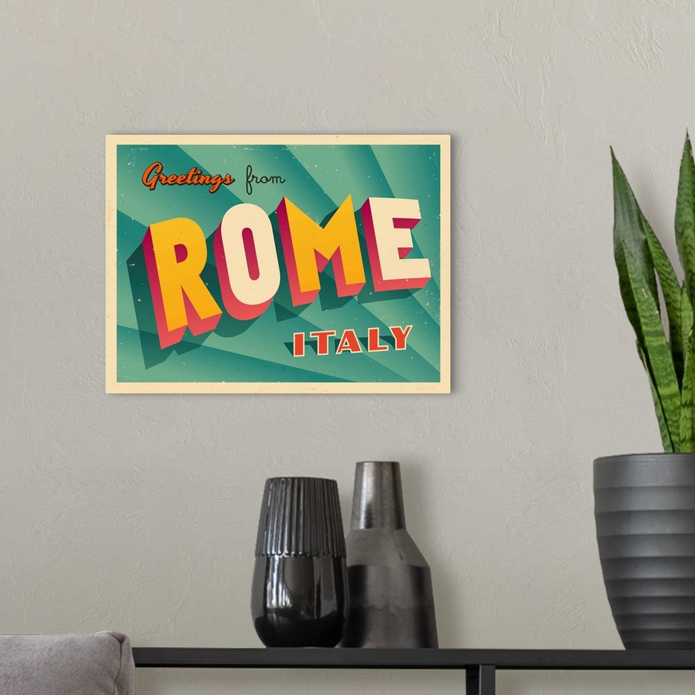 A modern room featuring Vintage touristic greeting card - Rome, Italy.