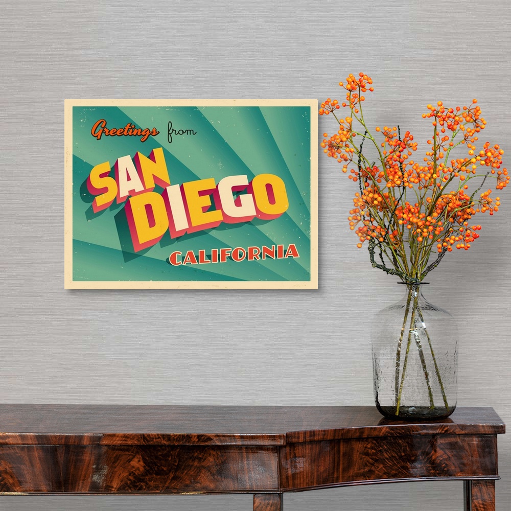 A traditional room featuring Vintage touristic greeting card - San Diego, California.