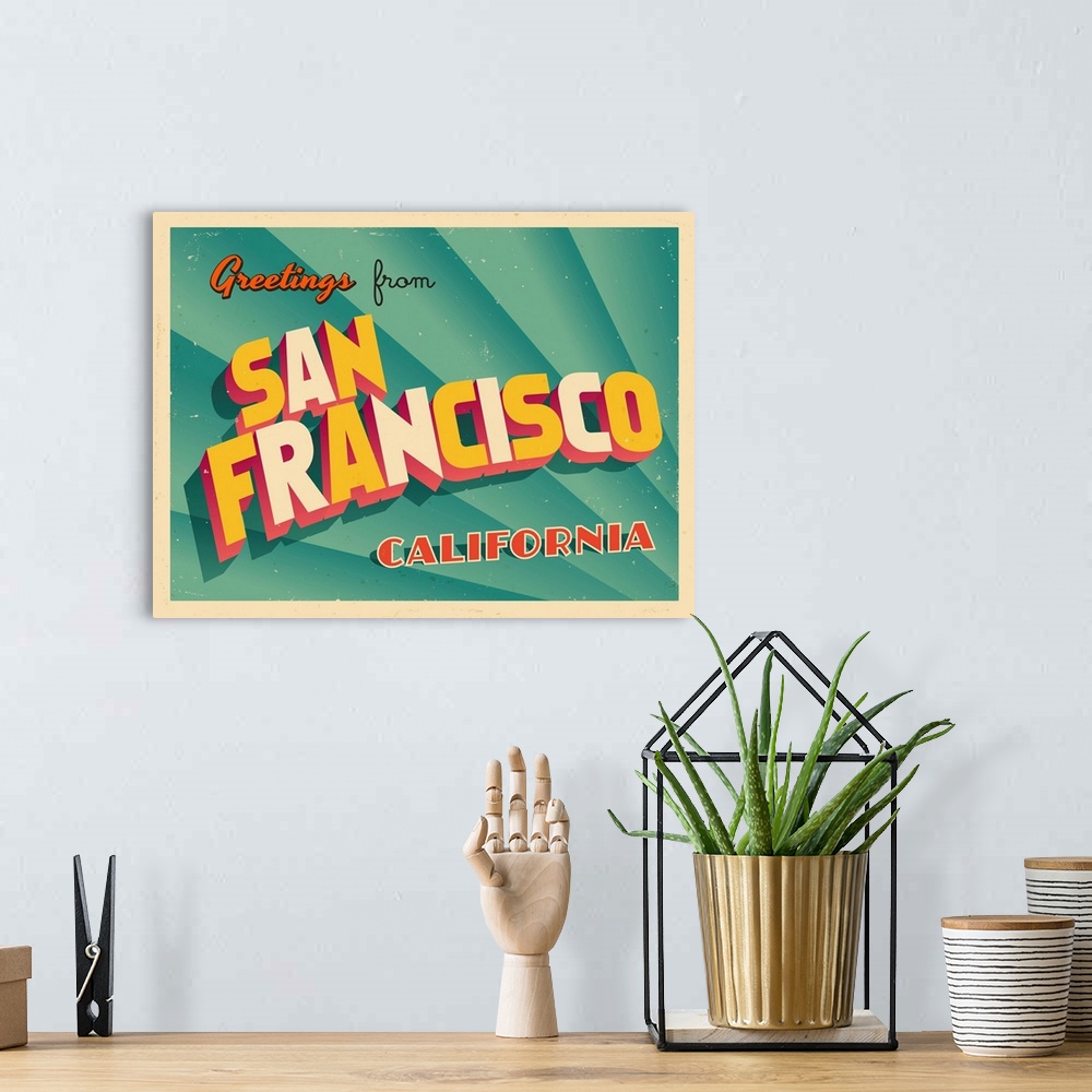 A bohemian room featuring Vintage touristic greeting card - San Francisco, California.