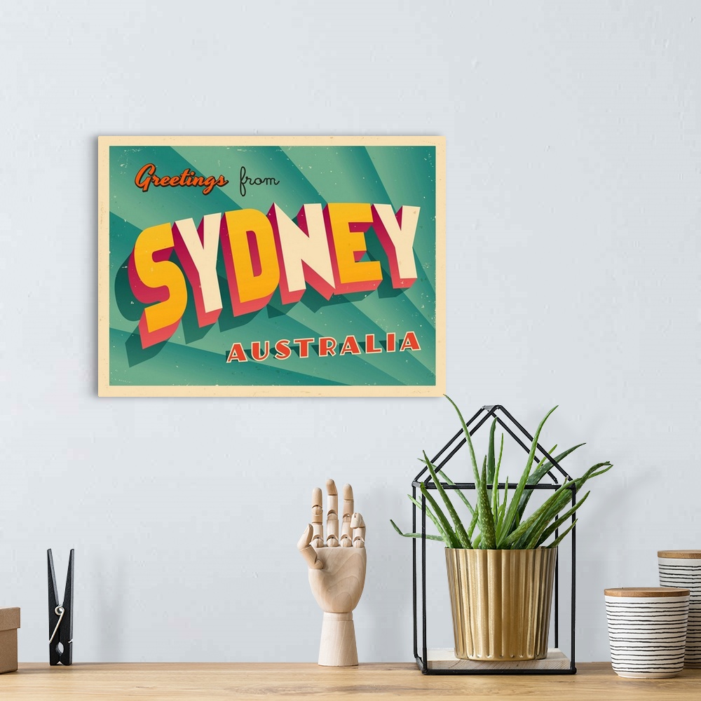 A bohemian room featuring Vintage touristic greeting card - Sydney, Australia.