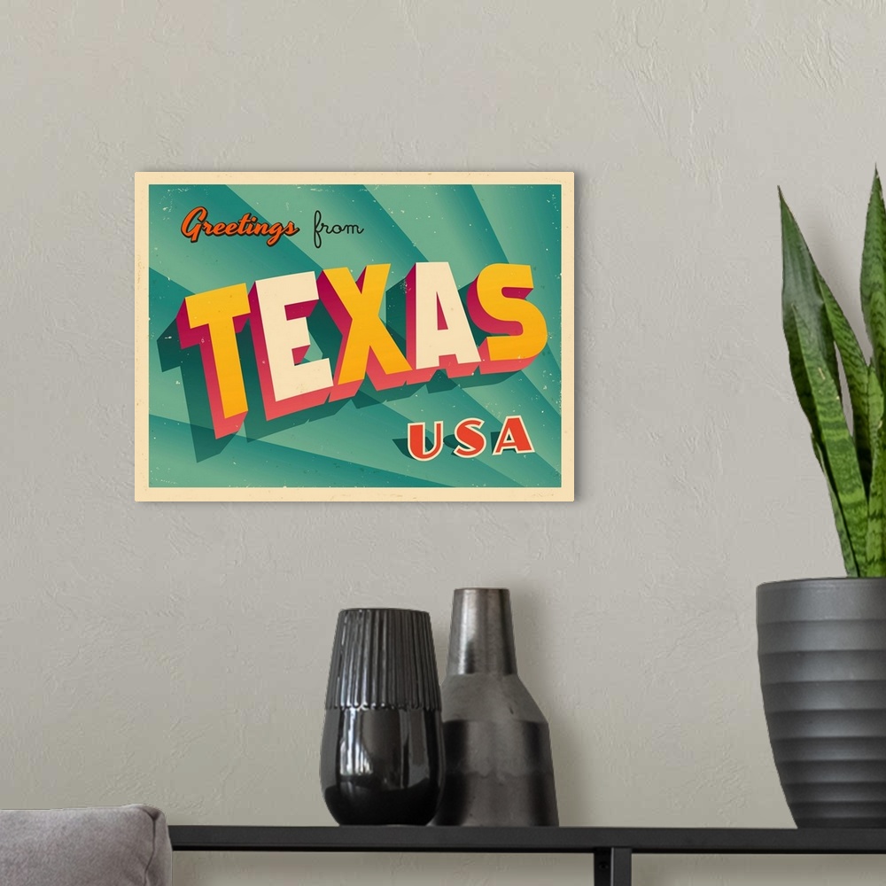 A modern room featuring Vintage touristic greeting card - Texas.