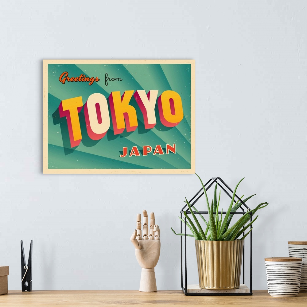 A bohemian room featuring Vintage touristic greeting card - Tokyo, Japan.