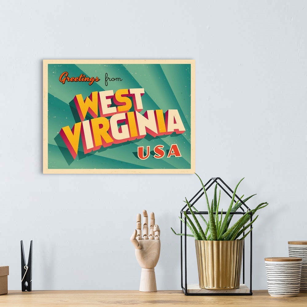 A bohemian room featuring Vintage touristic greeting card - west Virginia.