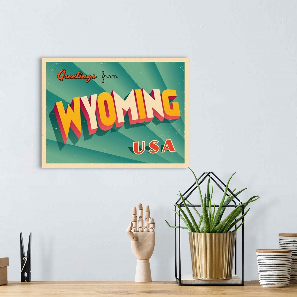 A bohemian room featuring Vintage touristic greeting card - Wyoming.