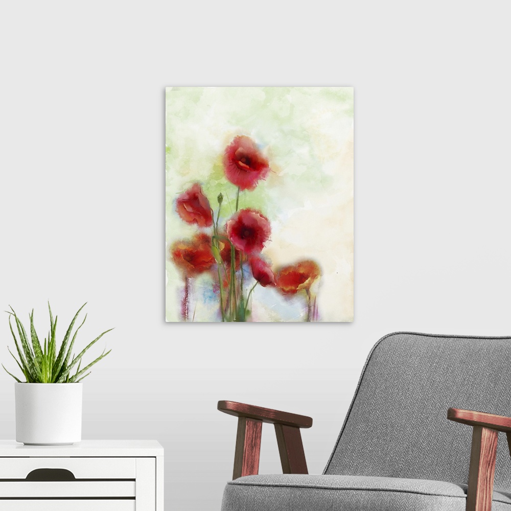 A modern room featuring Originally a watercolor flowers painting. Flowers in soft color and blur style for background. Vi...