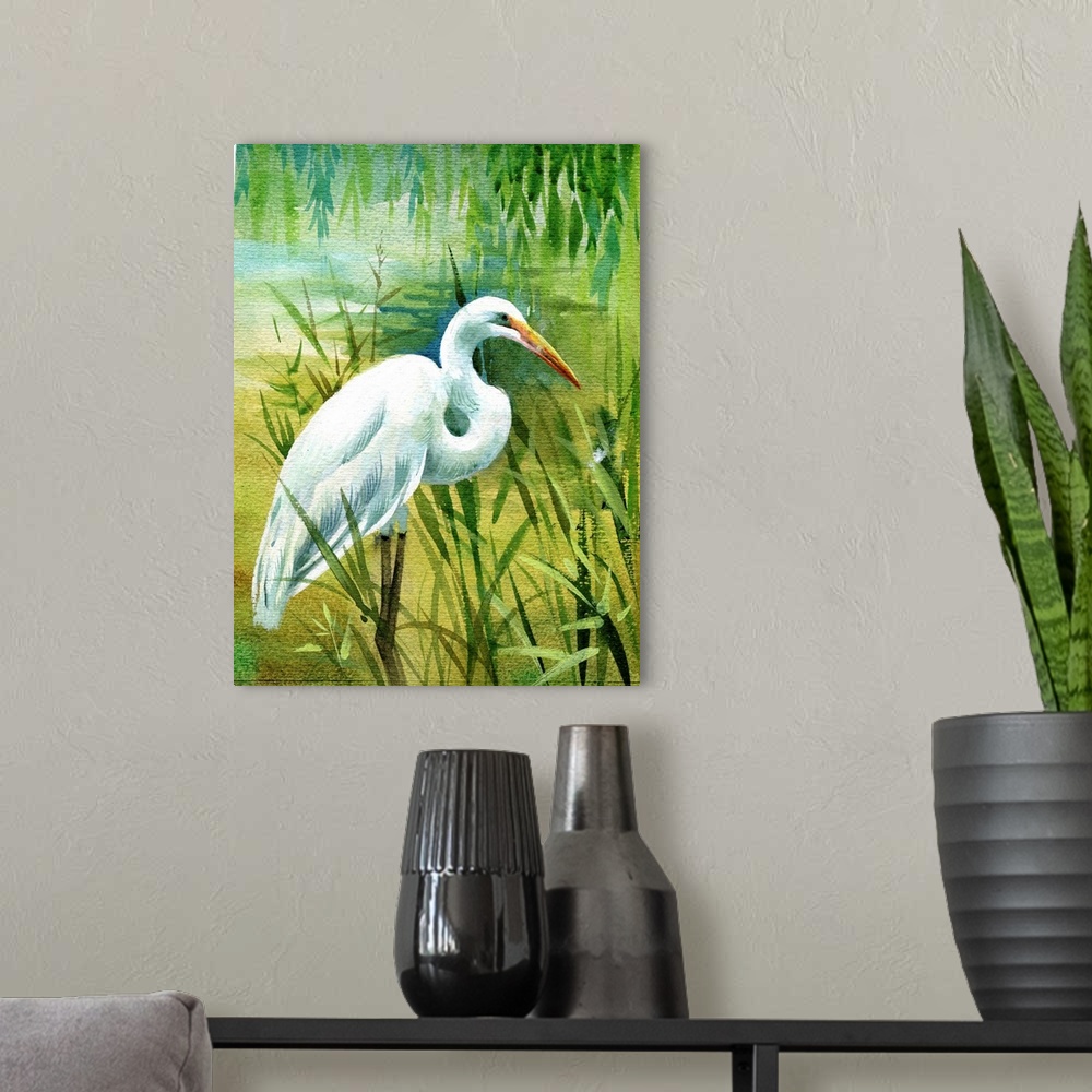 A modern room featuring Watercolor heron in water.
