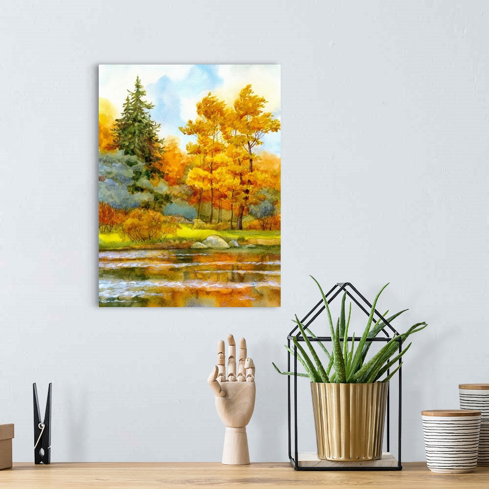 A bohemian room featuring Originally a watercolor landscape. Autumn forest on the lake.