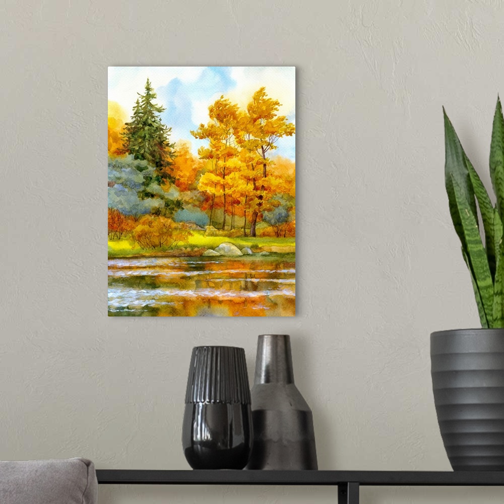A modern room featuring Originally a watercolor landscape. Autumn forest on the lake.