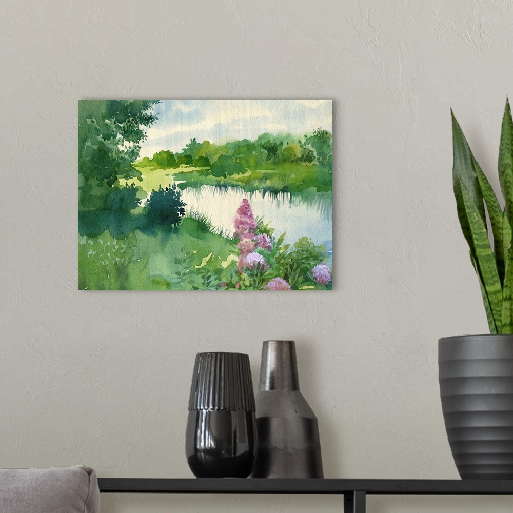 A modern room featuring Originally a watercolor landscape near the river.