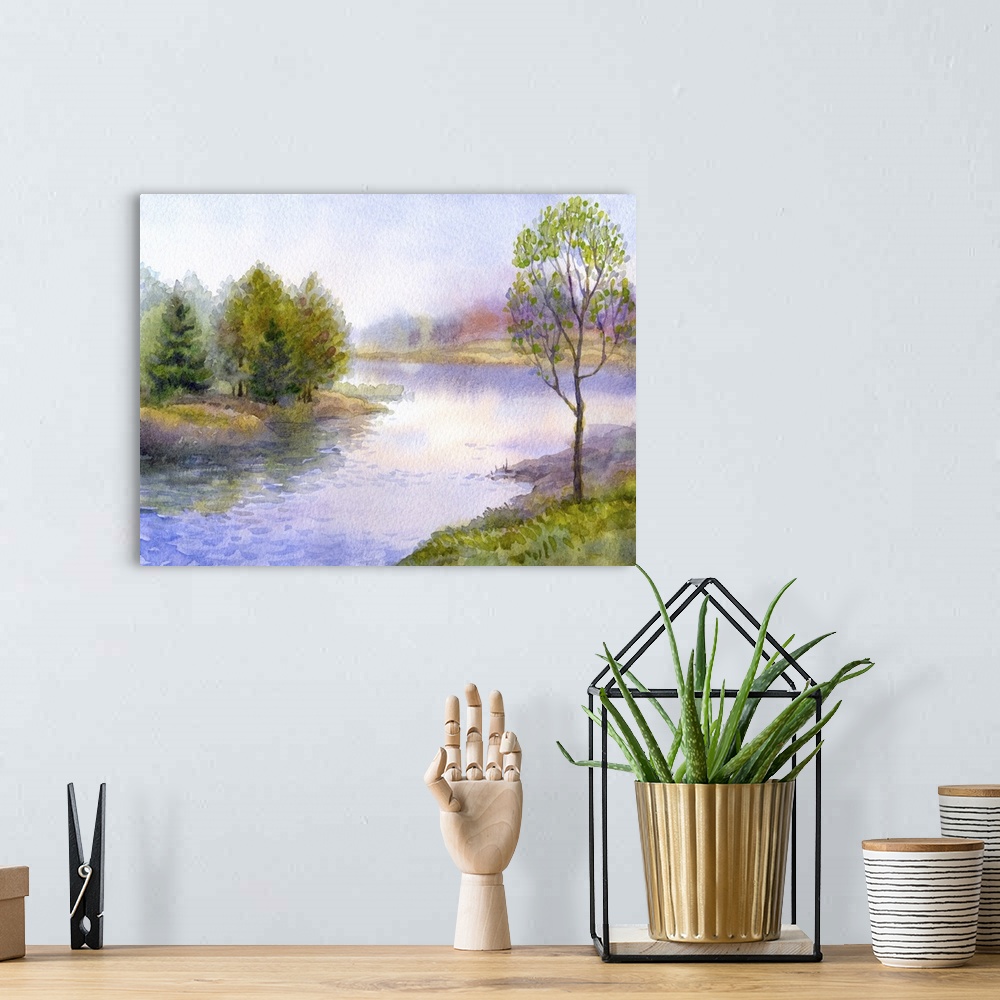 A bohemian room featuring Originally a watercolor landscape. Young tree on the bank of a quiet river.
