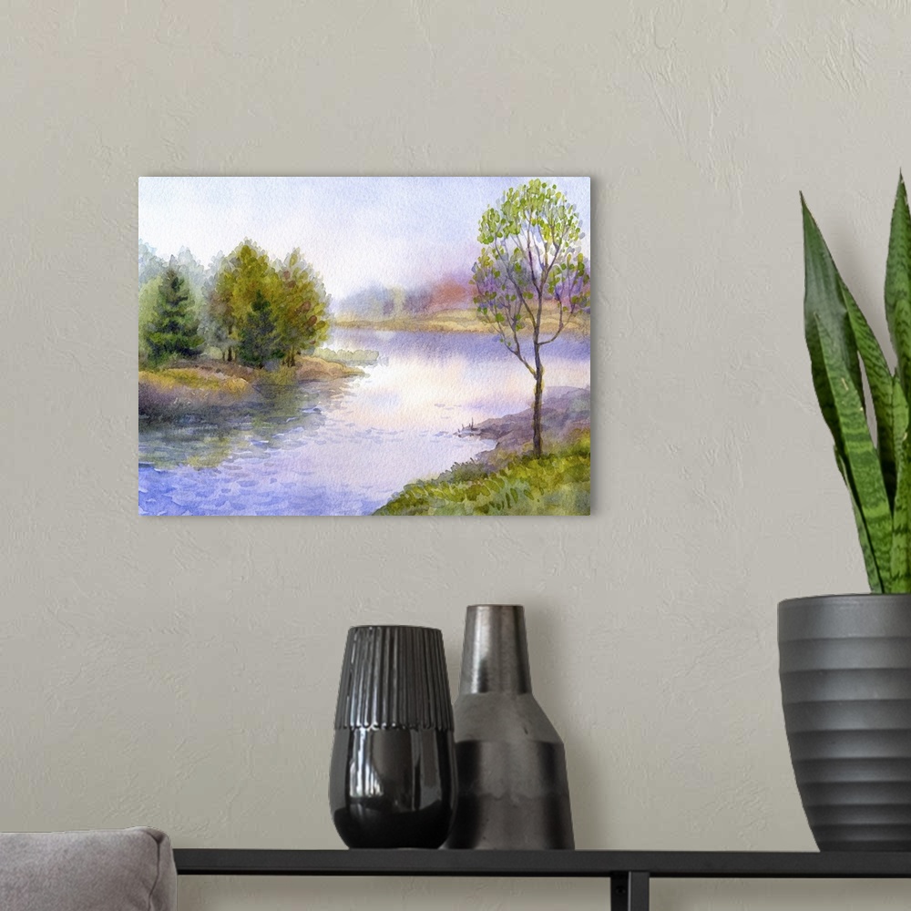 A modern room featuring Originally a watercolor landscape. Young tree on the bank of a quiet river.