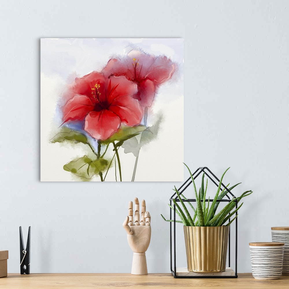 A bohemian room featuring Originally a watercolor painting of a red hibiscus flower. Originally a hand painted close up of ...