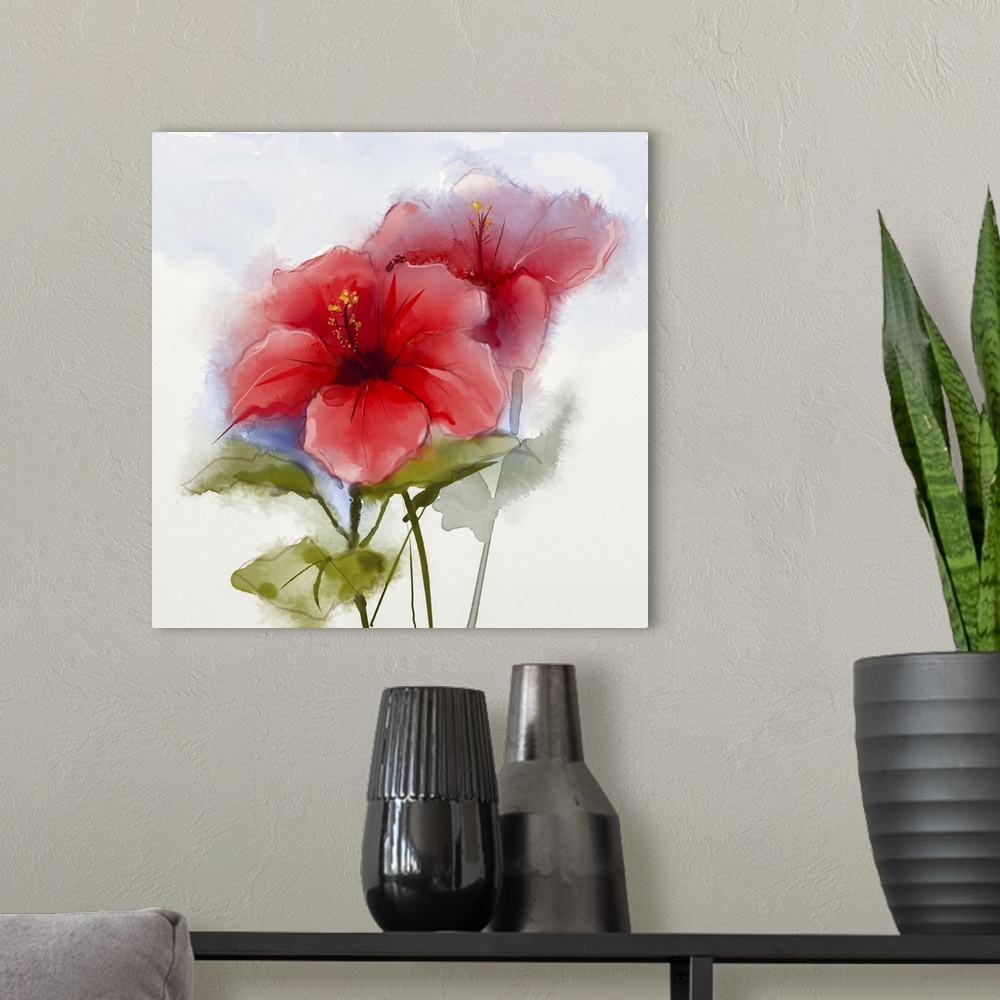 A modern room featuring Originally a watercolor painting of a red hibiscus flower. Originally a hand painted close up of ...