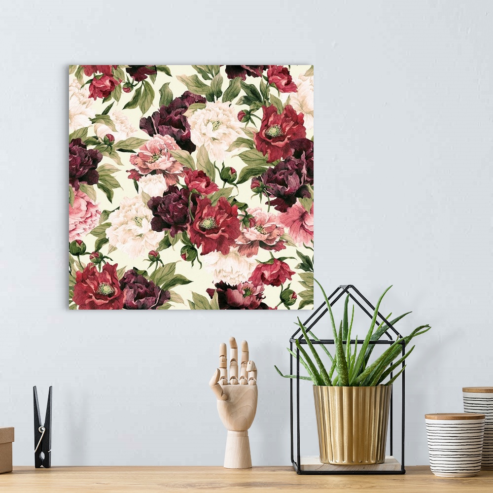 A bohemian room featuring Seamless floral pattern with peonies flowers, watercolor background.