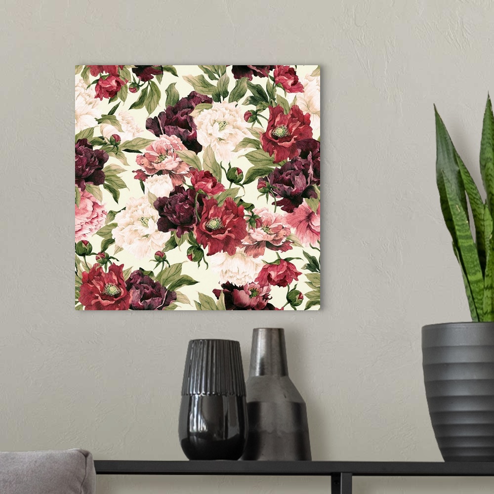 A modern room featuring Seamless floral pattern with peonies flowers, watercolor background.