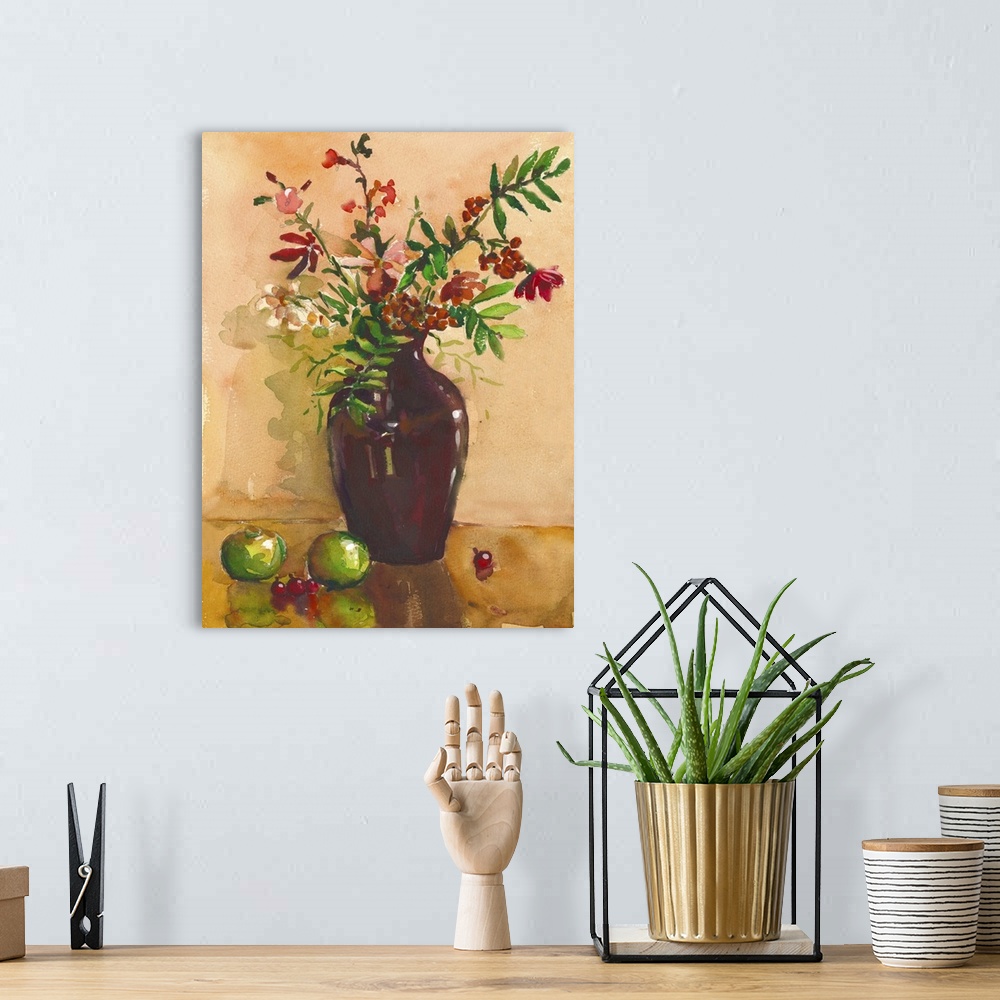 A bohemian room featuring Originally a painting. Still life with vase, flowers, fruit, rowan. It can be used to create pack...