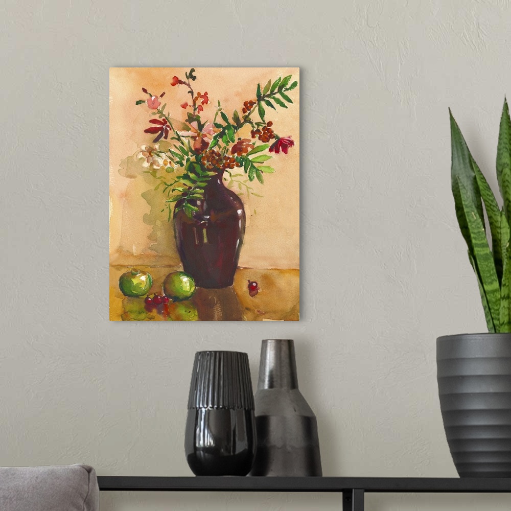 A modern room featuring Originally a painting. Still life with vase, flowers, fruit, rowan. It can be used to create pack...