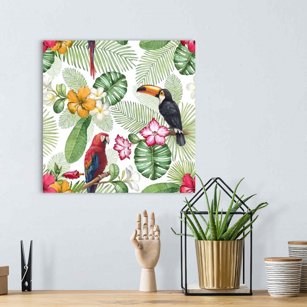 A bohemian room featuring Originally a watercolor toucan and parrot. Seamless pattern.