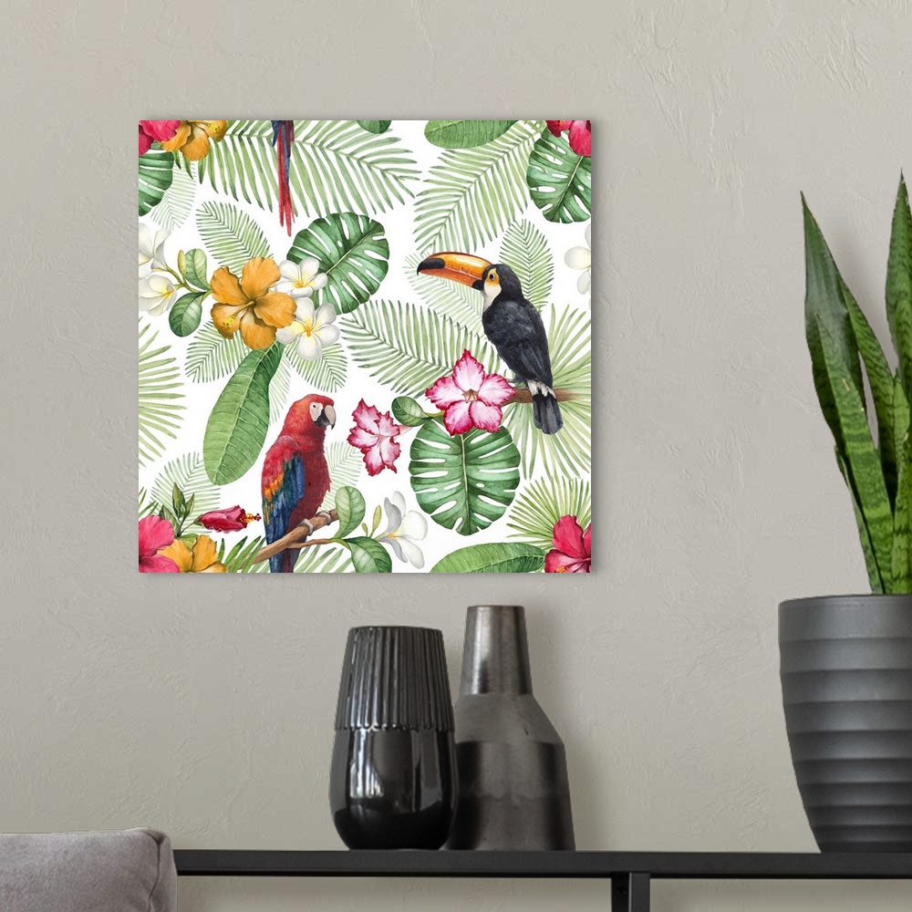 A modern room featuring Originally a watercolor toucan and parrot. Seamless pattern.