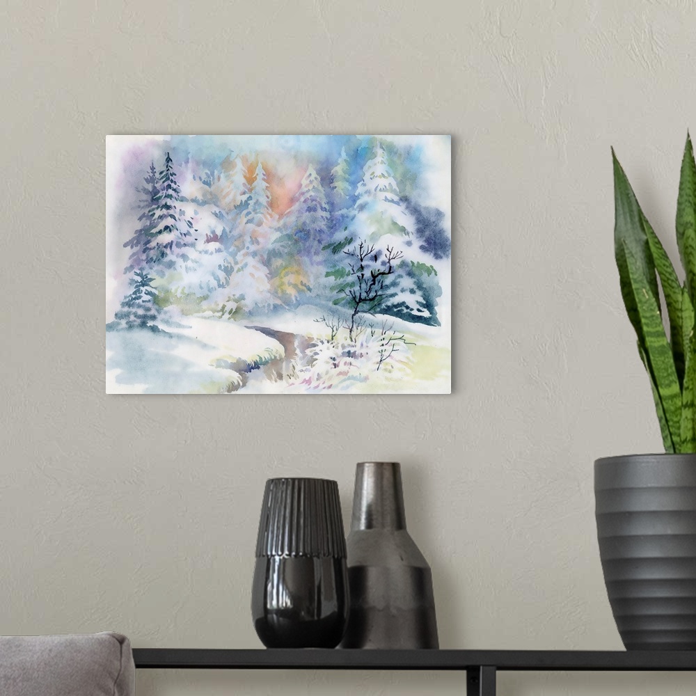 A modern room featuring Originally a watercolor winter landscape illustration.