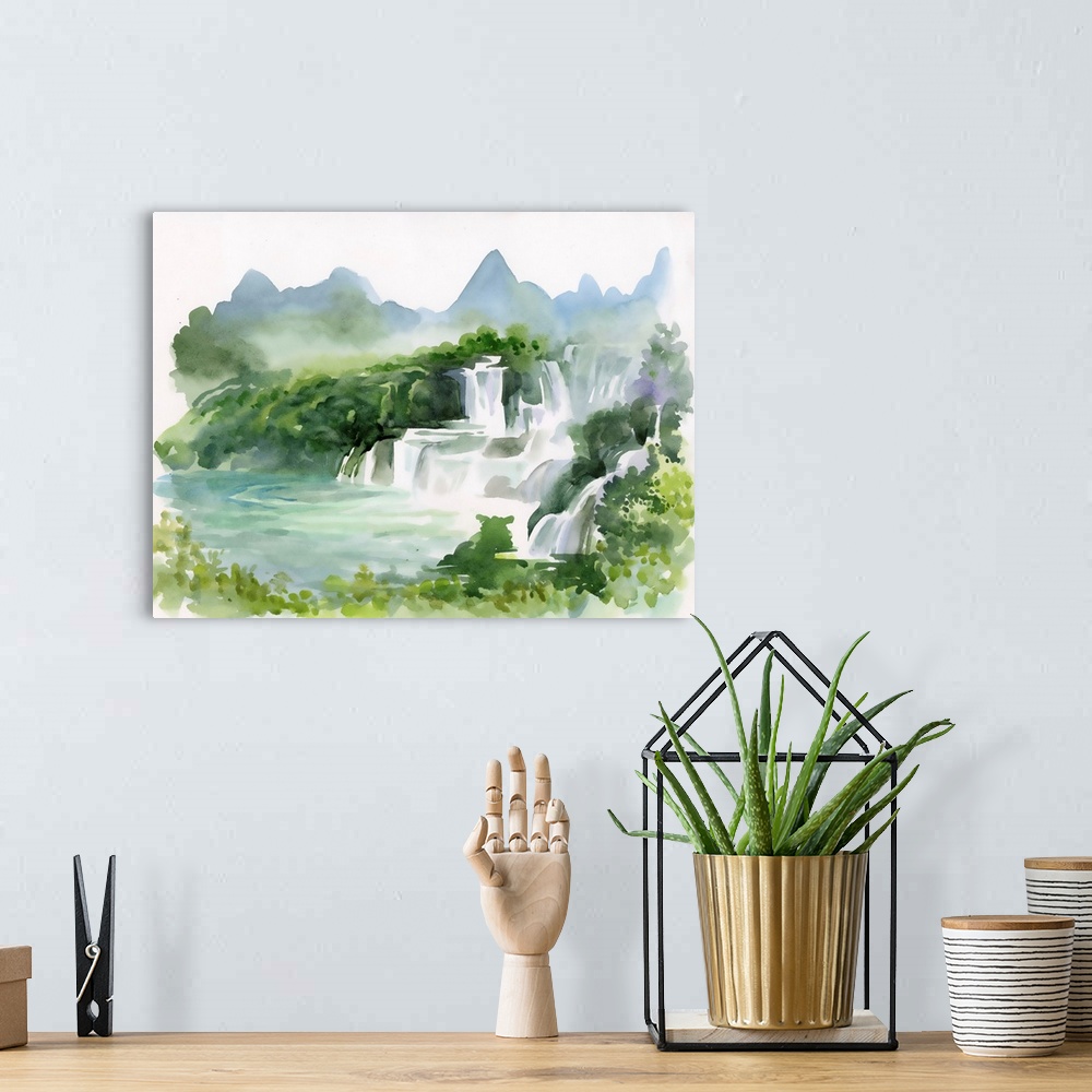A bohemian room featuring Originally a watercolor illustration of beautiful waterfall and mountains.