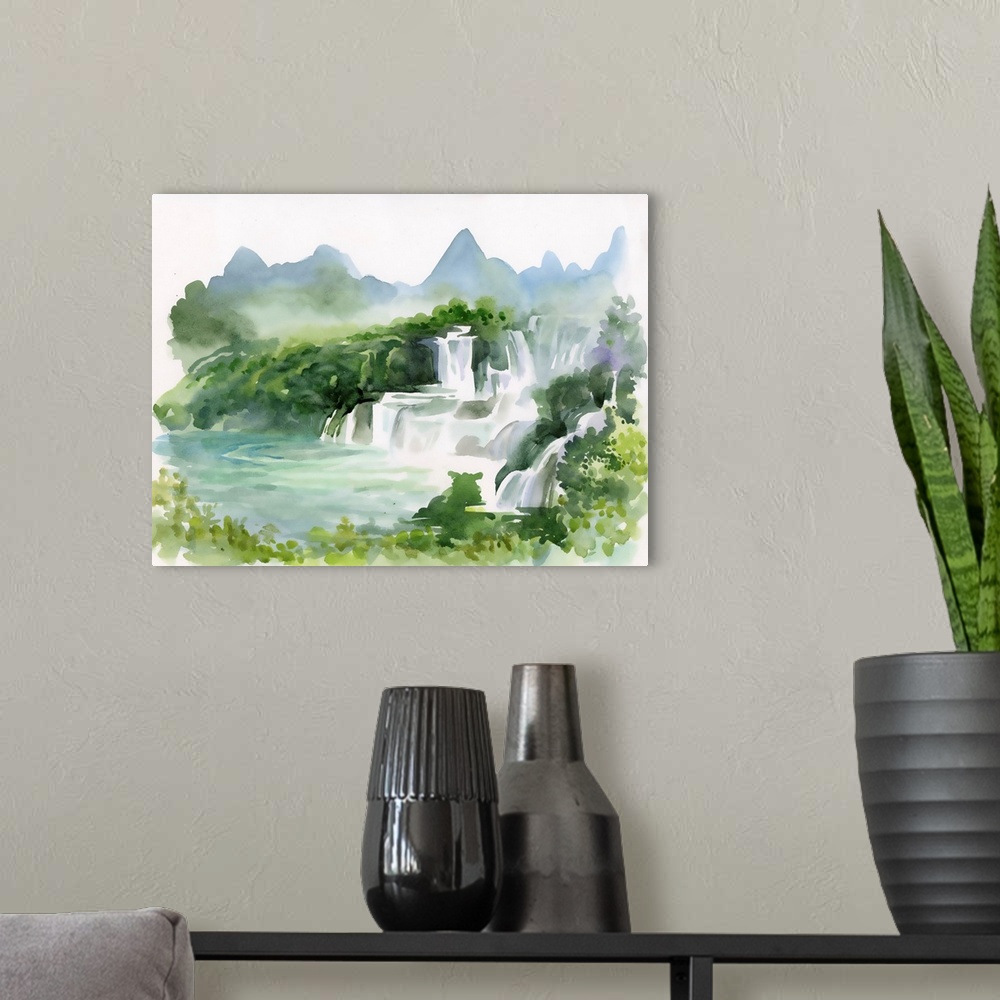 A modern room featuring Originally a watercolor illustration of beautiful waterfall and mountains.