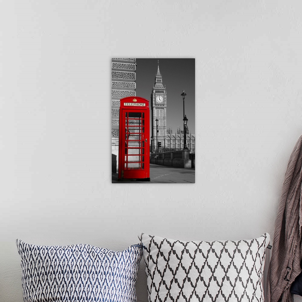 A bohemian room featuring Westminster phone box in color with the palace of Westminster in black and white in the background.