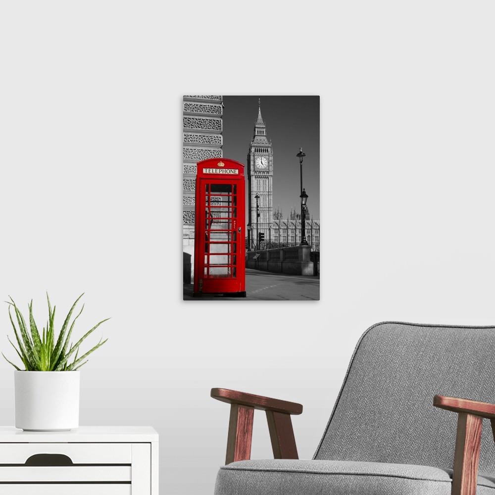 A modern room featuring Westminster phone box in color with the palace of Westminster in black and white in the background.