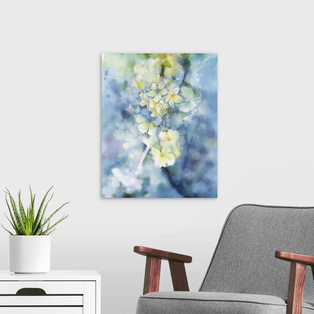 A modern room featuring Originally an abstract watercolor painting of a white apricot tree. Flowers in soft colorful and ...