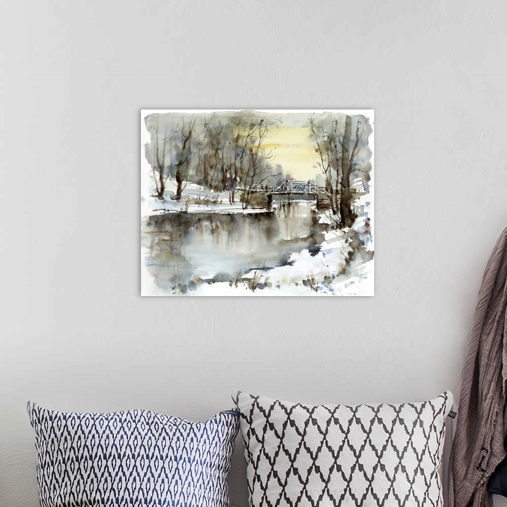 A bohemian room featuring White bridge over the river, winter landscape. Originally a watercolor illustration.