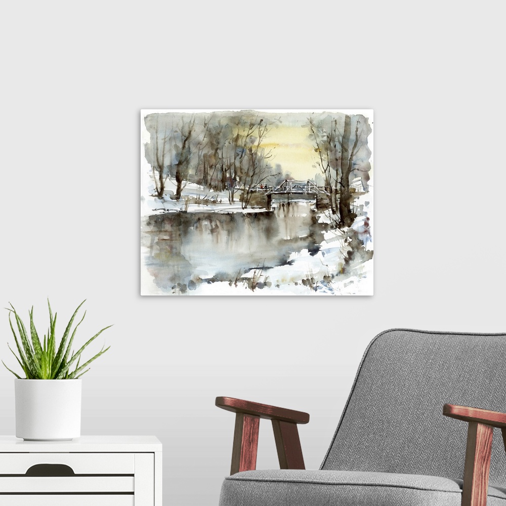 A modern room featuring White bridge over the river, winter landscape. Originally a watercolor illustration.