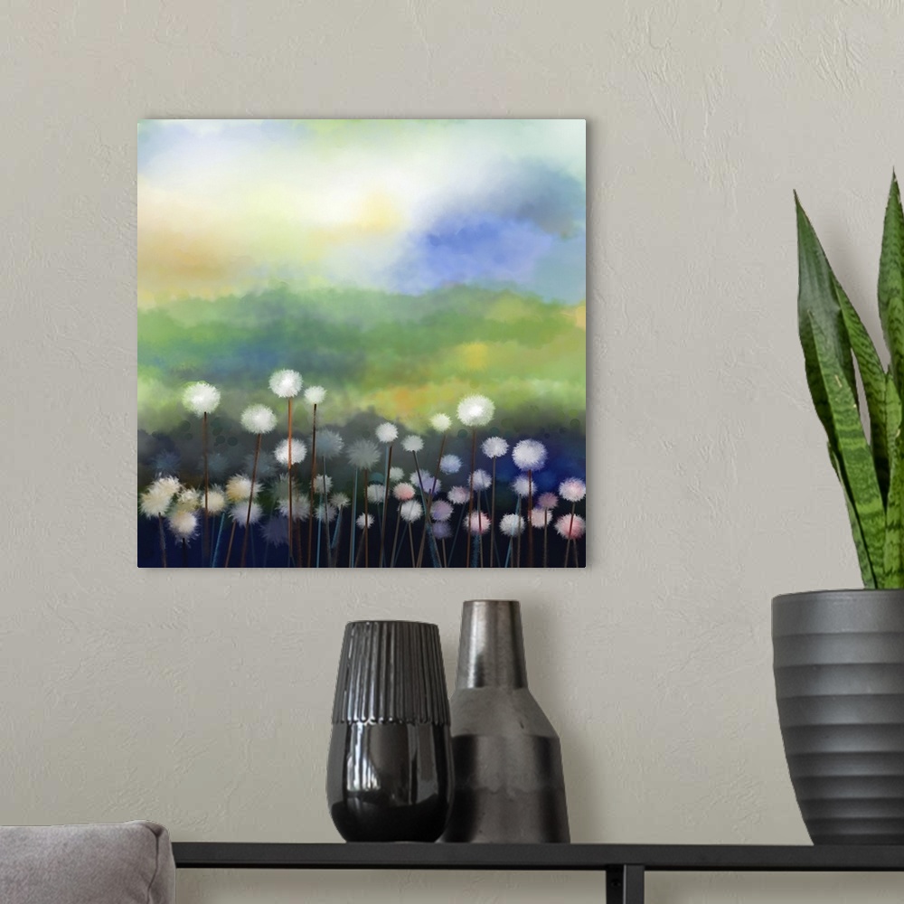 A modern room featuring Originally an abstract oil painting of white flowers field in soft color. Originally oil painting...