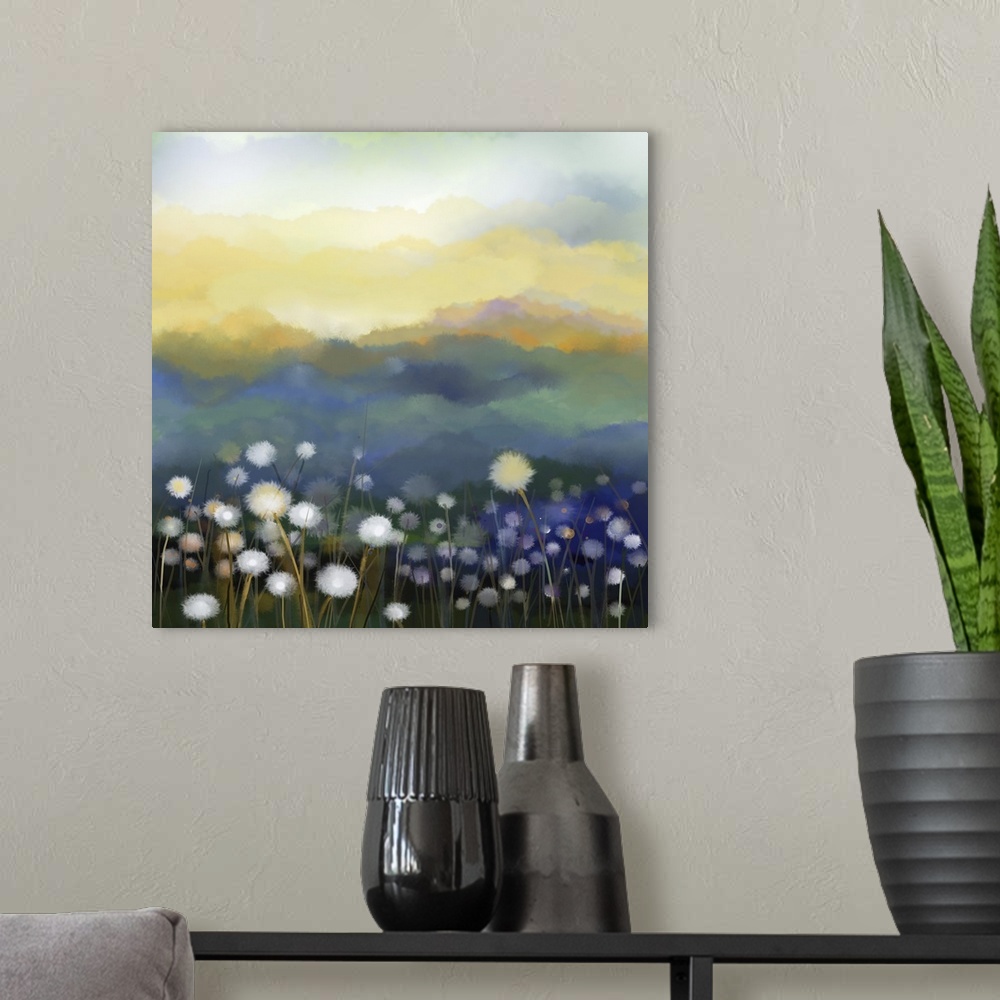 A modern room featuring Originally an abstract oil painting of white flowers field in soft color. Originally oil painting...