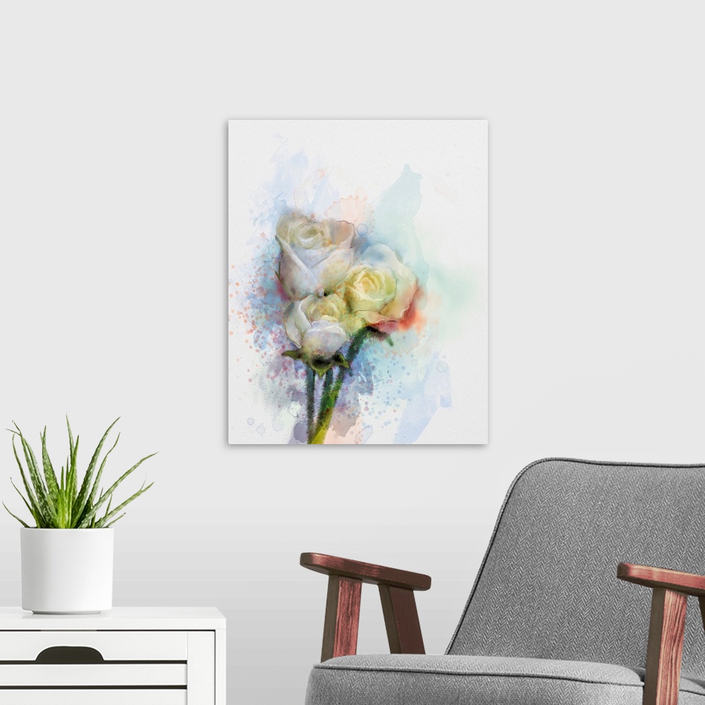 A modern room featuring Originally an abstract flowers painting. White roses floral in pastel color with light pink and y...