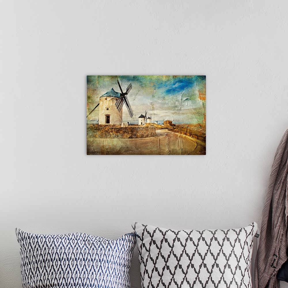 A bohemian room featuring Windmills of Spain - picture in painting style.