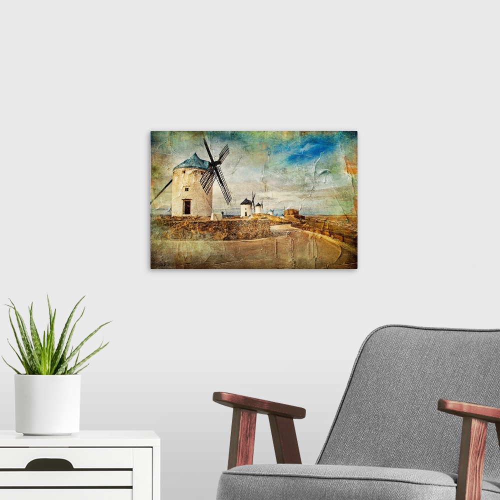 A modern room featuring Windmills of Spain - picture in painting style.