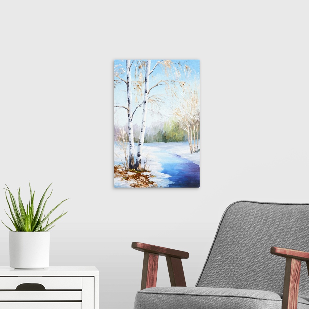 A modern room featuring Originally an oil painting of a winter landscape, frozen river in the forest.
