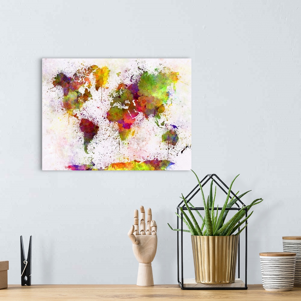 A bohemian room featuring Originally a world map in watercolor painting abstract splatters.