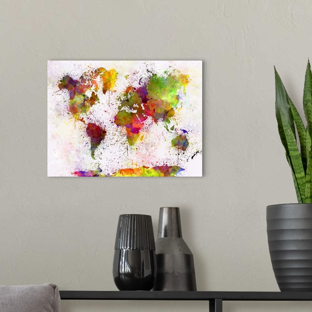A modern room featuring Originally a world map in watercolor painting abstract splatters.