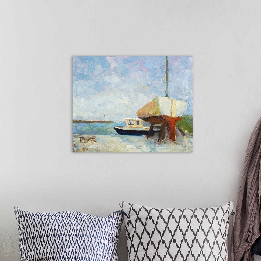 A bohemian room featuring Originally an oil painting on canvas. Yacht and ship.