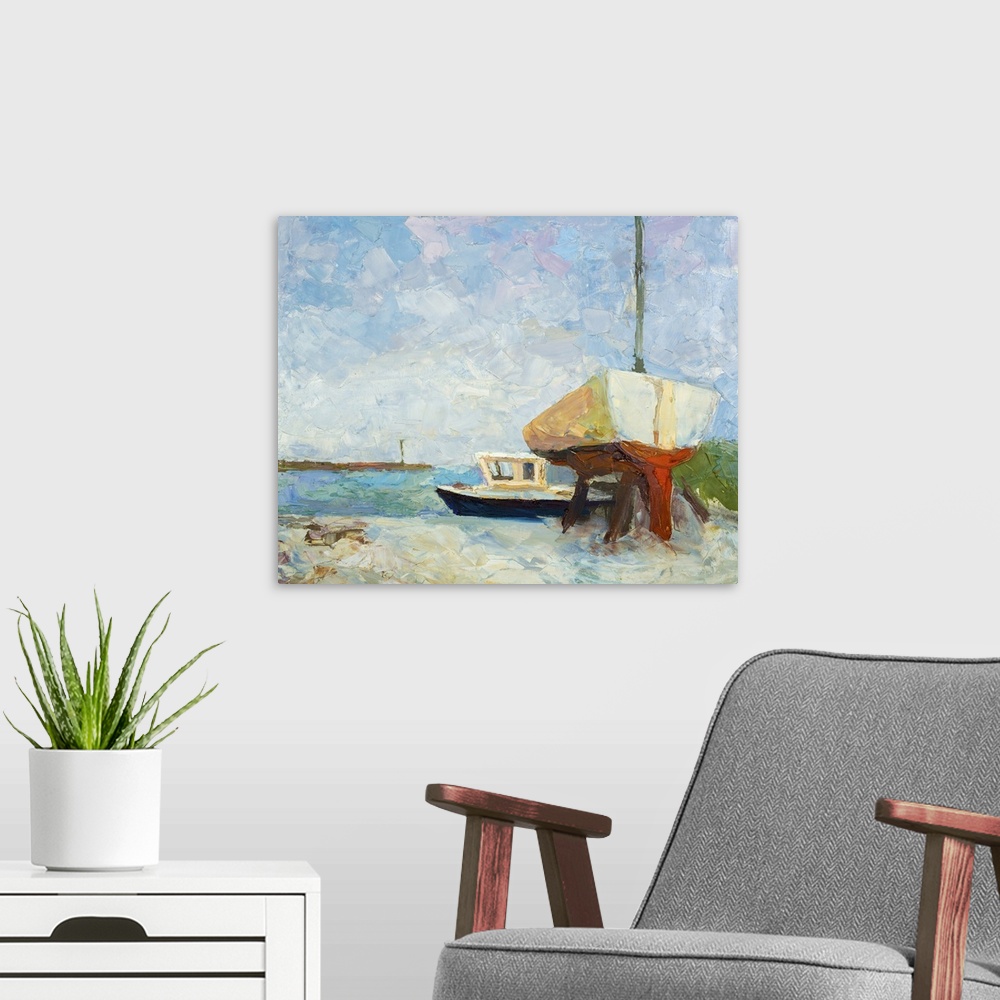 A modern room featuring Originally an oil painting on canvas. Yacht and ship.