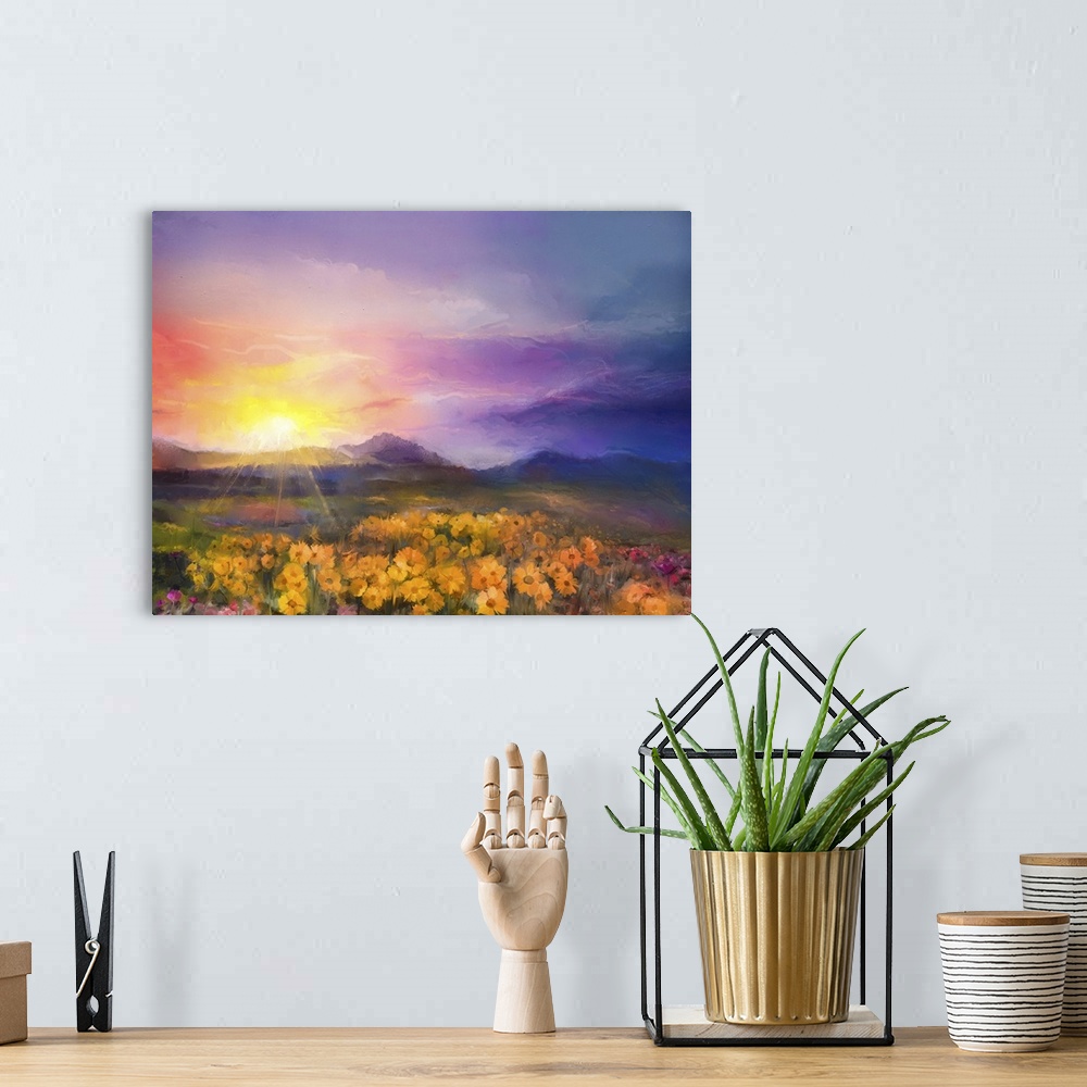 A bohemian room featuring Originally an oil painting yellow- golden daisy flowers in fields. Sunset meadow landscape with w...