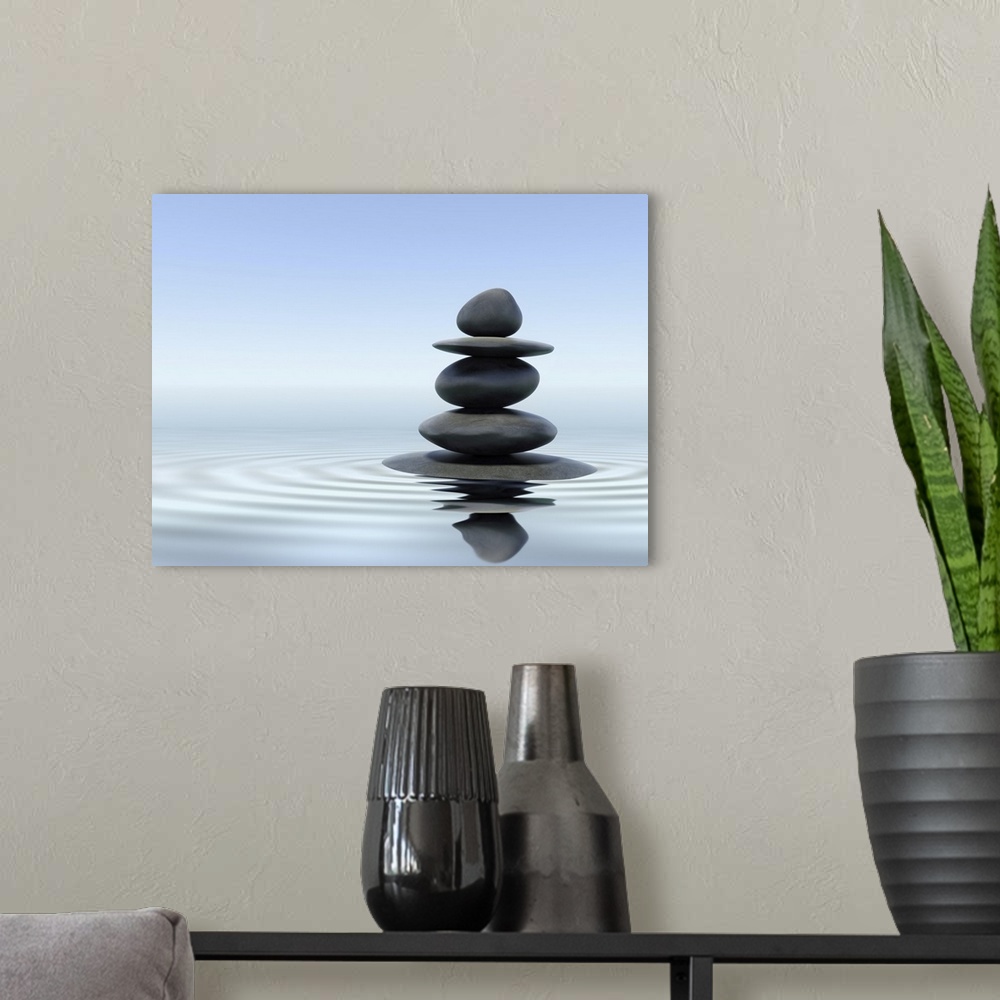 A modern room featuring Zen stones in water.