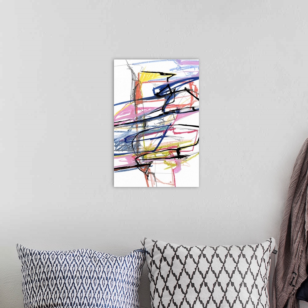 A bohemian room featuring A contemporary abstract painting of wild colorful scribble lines against a white background.