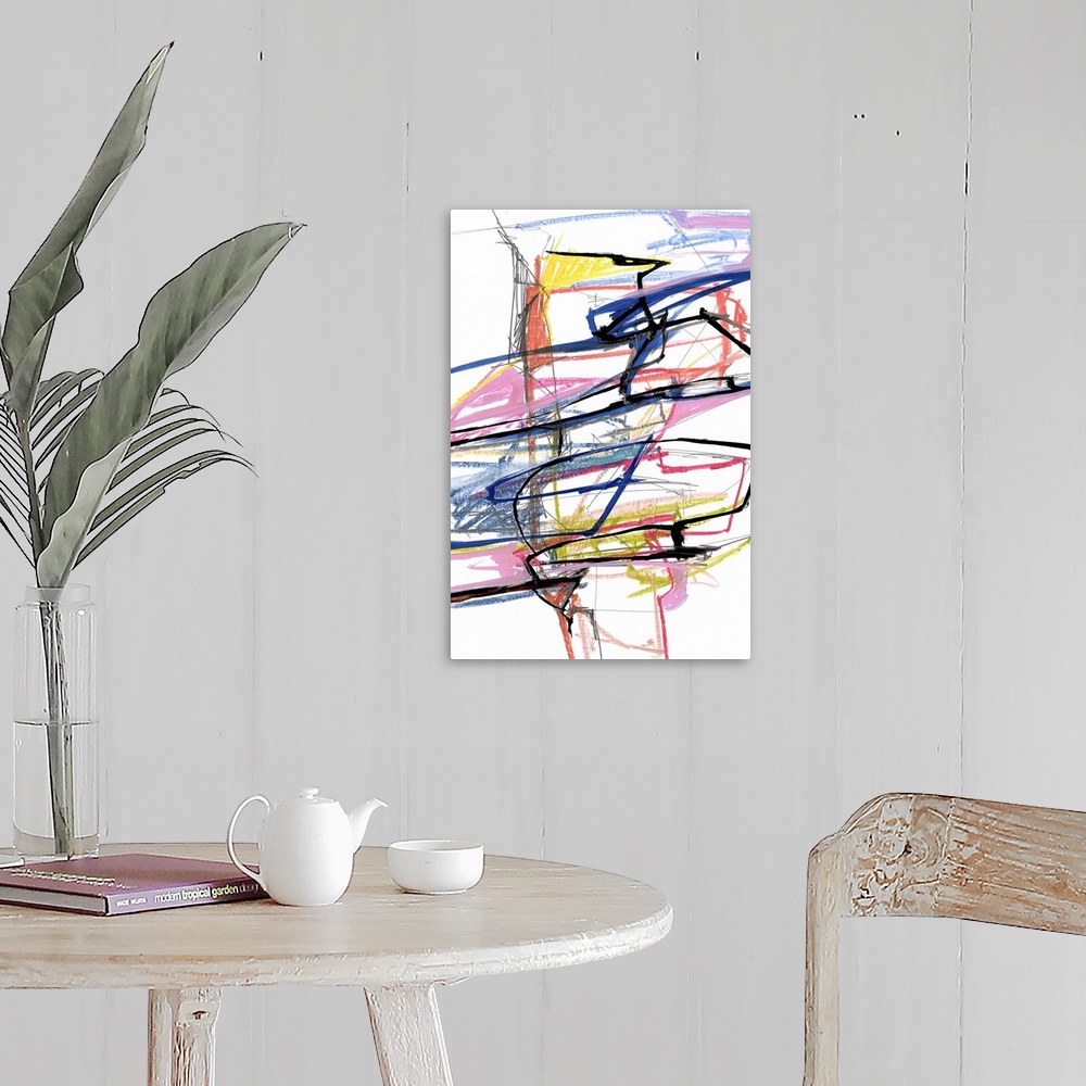 A farmhouse room featuring A contemporary abstract painting of wild colorful scribble lines against a white background.