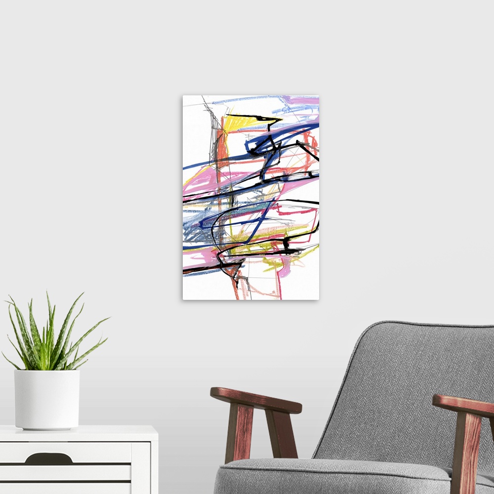A modern room featuring A contemporary abstract painting of wild colorful scribble lines against a white background.