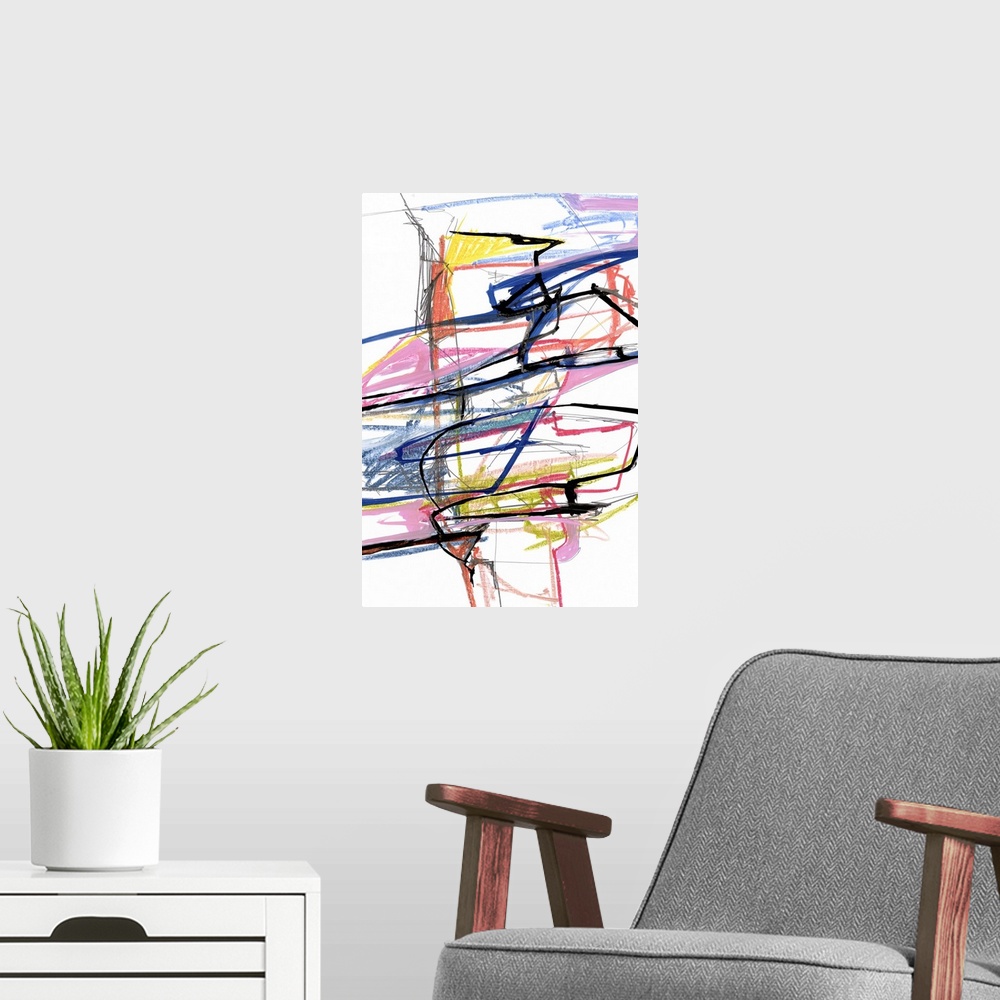 A modern room featuring A contemporary abstract painting of wild colorful scribble lines against a white background.